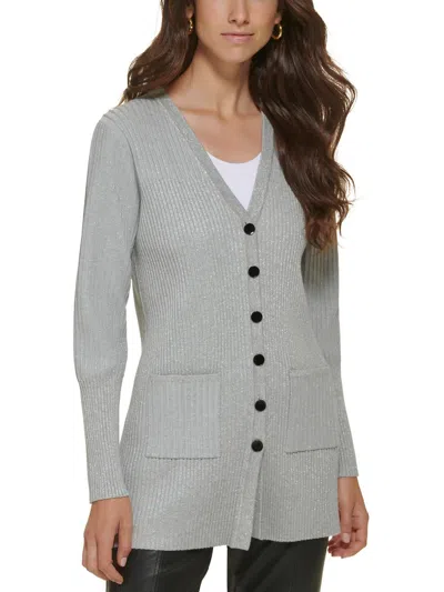 Karl Lagerfeld Womens Ribbed Metallic Cardigan Sweater In Grey