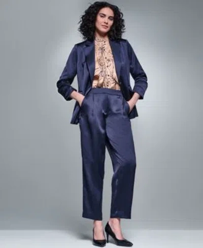 Karl Lagerfeld Womens Satin 3 4 Sleeve Collared One Button Blazer Floral Long Sleeve Mock Neck Blouse Satin Mid Ris In Blue