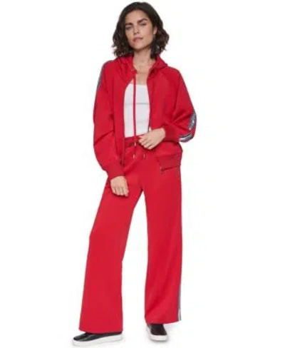 Karl Lagerfeld Womens Scuba Full Zip Mock Neck Hoodie Sweatshirt Scuba Logo Tape Wide Leg Jogger In Red