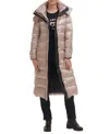 Karl Lagerfeld Paris Contrast Belted Longline Puffer Jacket In Sand