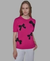Karl Lagerfeld Womens Short Sleeve Bow Applique Detail Sweater P Xs Xl In Multi