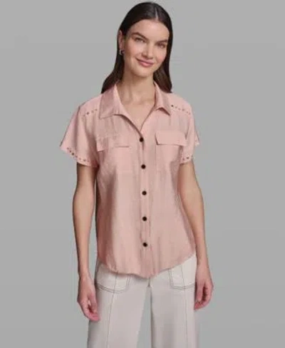 Karl Lagerfeld Womens Short Sleeve Camp Collar Shirt In Pink