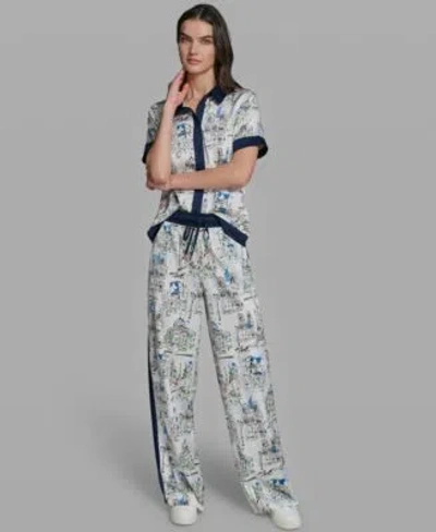 Karl Lagerfeld Womens Short Sleeve Collared Printed Camp Shirt Mid Rise Wide Leg Printed Pants In Blue