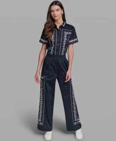 Karl Lagerfeld Womens Short Sleeve Embroidery Shirt Mid Rise Embroidery Pants In Blue