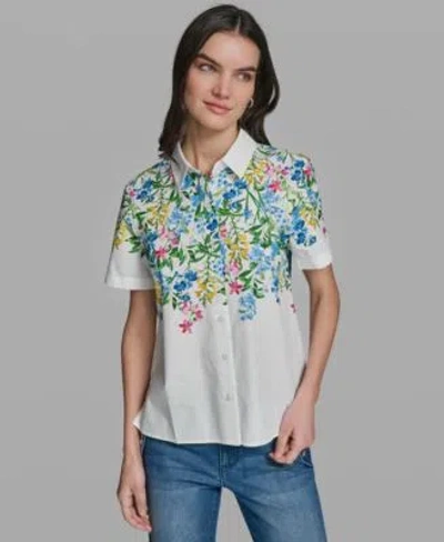 Karl Lagerfeld Womens Short Sleeve Multi Floral Poplin Shirt In White