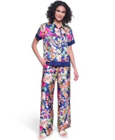 Karl Lagerfeld Womens Short Sleeve Printed Camp Shirt Womens Soft Floral Print Pull On Pants In Blue
