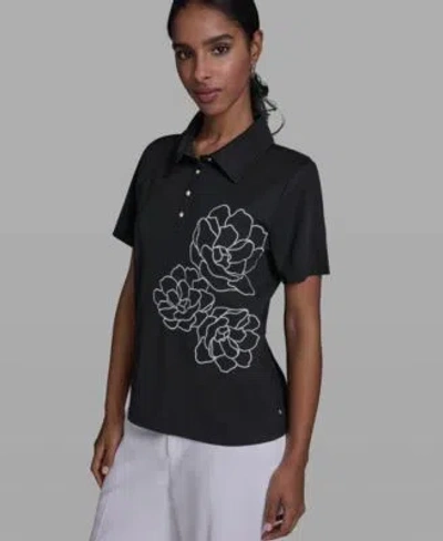 Karl Lagerfeld Womens Short Sleeve Rose Embroidered Collared Blouse In Black