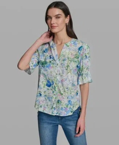 Karl Lagerfeld Womens Short Sleeve V Neck Printed Shirt In Multi