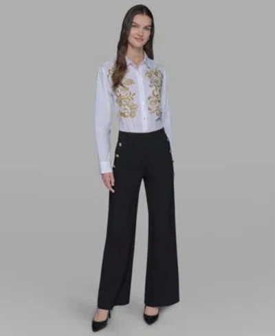 Karl Lagerfeld Womens Side Button Wide Leg Ponte Pants P Xs Xl In Black