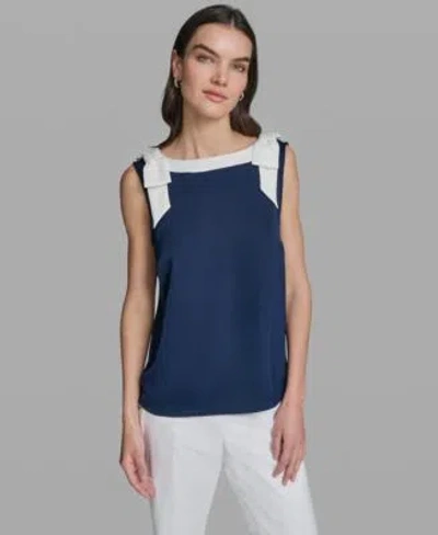Karl Lagerfeld Womens Sleeveless Boat Neck Bow Strap Tank Top In Soft White