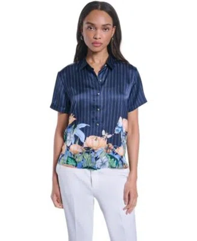 Karl Lagerfeld Womens Striped Floral Printed Button Up Blouse In Multi