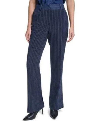 Karl Lagerfeld Womens Striped Straight Leg Denim Waistband Pants In Navy,gold