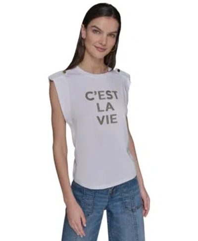 Karl Lagerfeld Womens Studded Cest La Vie Top Xs P Xl In White