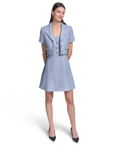 Karl Lagerfeld Womens Tweed A Line With Button Dress Cropped Tweed Jacket In Blue