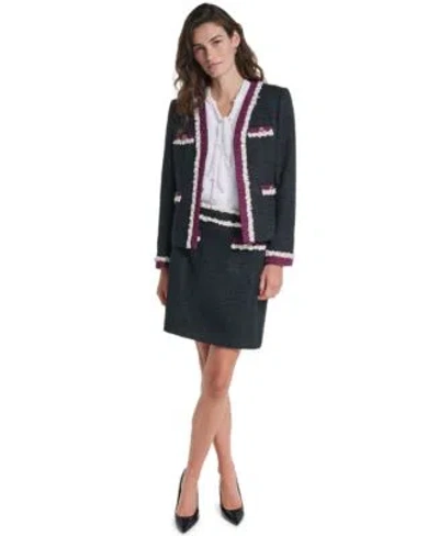 Karl Lagerfeld Womens Tweed Cropped Fringe Trim Jacket Sleeveless V Neck Dotted Blouse Tweed Mini Pencil Skirt In Multi