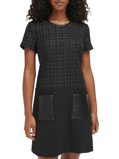 Karl Lagerfeld Womens Tweed Faux Leather Trim Wear To Work Dress In Black