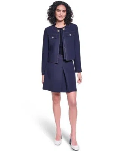 Karl Lagerfeld Womens Twill Contrast Stitch Round Neck Cropped Jacket Invisible Zipper Mini Skirt In Blue