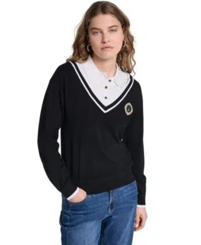 Karl Lagerfeld Womens Twofer Collared Sweater In Black,soft White
