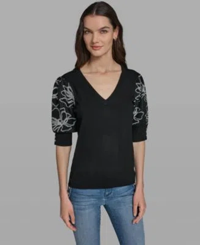 Karl Lagerfeld Womens V Neck Floral Embroidered Short Sleeve Sweater In Black