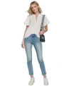 Karl Lagerfeld Womens V Neck Puff Sleeve Blouse Contrast Logo Taping Jeans In Blue