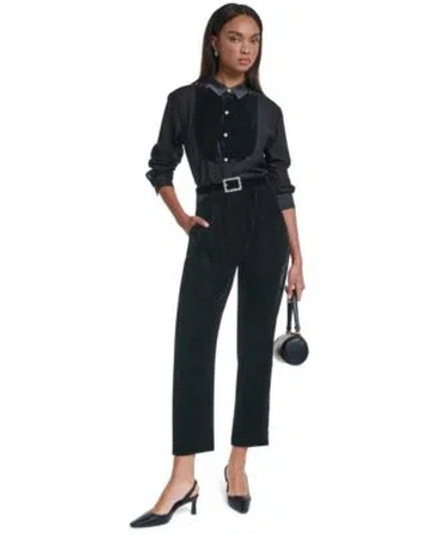 Karl Lagerfeld Womens Velvet Long Sleeve Point Collar Blouse  Paris Womens Velvet Skinny Ankle Pants In Black