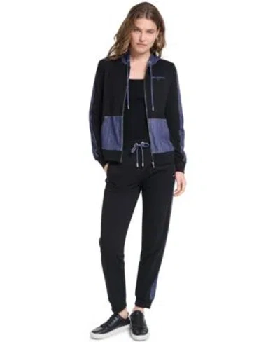 Karl Lagerfeld Womens Zip Up Denim Contrast Hooded Jacket Denim Contrast Jogger Pull On Ankle Pants In Black
