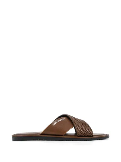 Karl Lagerfeld Woven Crossover Slides In Brown