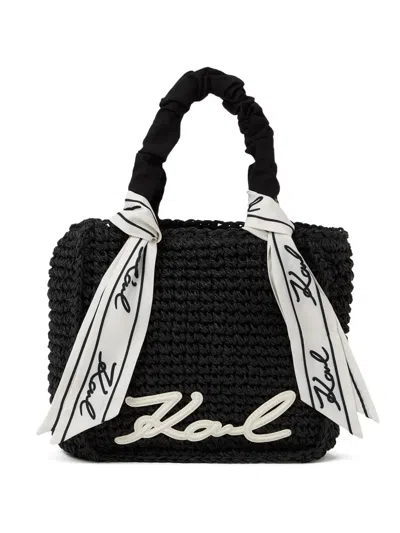 Karl Lagerfeld Woven Handbag With Ruched Handle And Signature Detail In Black