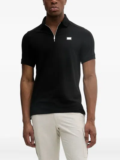 Karl Lagerfeld Zip-neck Logo-plaque Polo Shirt In Black