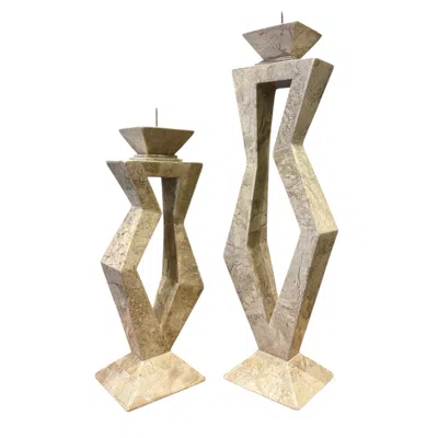 Pre-owned Karl Springer Vintage Postmodern Tessellated Stone Candlesticks, Pair,  Style In Sand