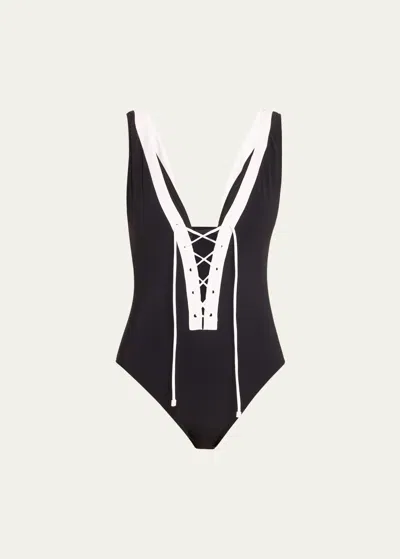 Karla Colletto Demi V-neck Silent Underwire One-piece Swimsuit In Black/white Blck-