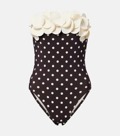 Karla Colletto Floral Appliqué Polka-dot Bandeau Swimsuit In Brown
