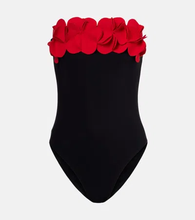 Karla Colletto Floral-appliqué Strapless Swimsuit In Black
