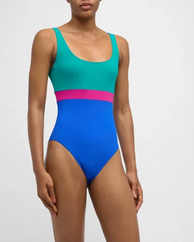 Karla Colletto Marcella Round Neck Silent Underwire One-piece Swimsuit In Cobalt Sea Primrose