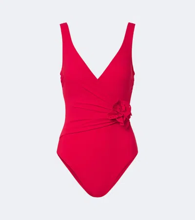 Karla Colletto Rosetta Floral-appliqué Gathered Swimsuit In Red