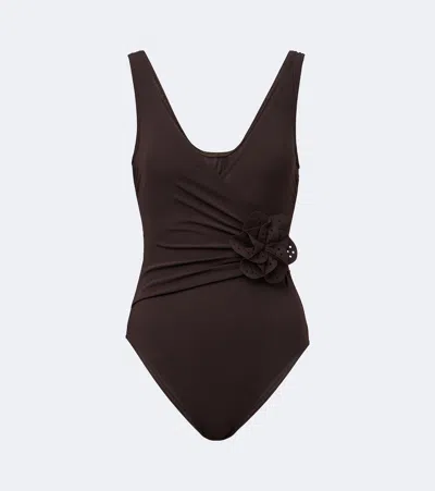Karla Colletto Rosetta Floral-appliqué Gathered Swimsuit In Brown