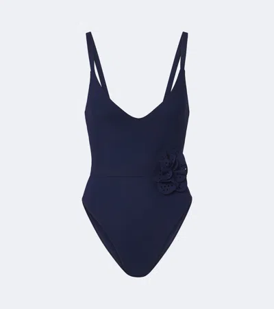 Karla Colletto Rosetta Floral-appliqué Swimsuit In Blue