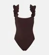 Karla Colletto Ruffled Swimsuit In Brown