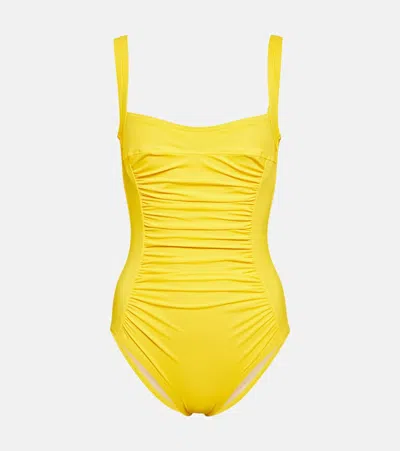 Karla Colletto Square-neck Ruched Swimsuit In Bright Orange/yellow
