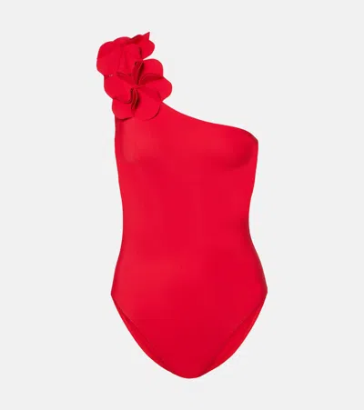 Karla Colletto Tess Floral-appliqué One-shoulder Swimsuit In Red