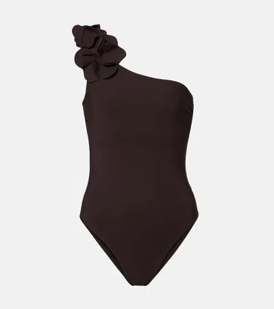 Karla Colletto Tess One-shoulder Floral-appliqué Swimsuit In Brown