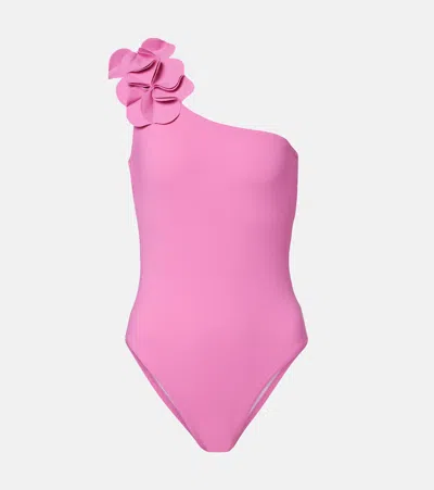 Karla Colletto Tess One-shoulder Floral-appliqué Swimsuit In Pink