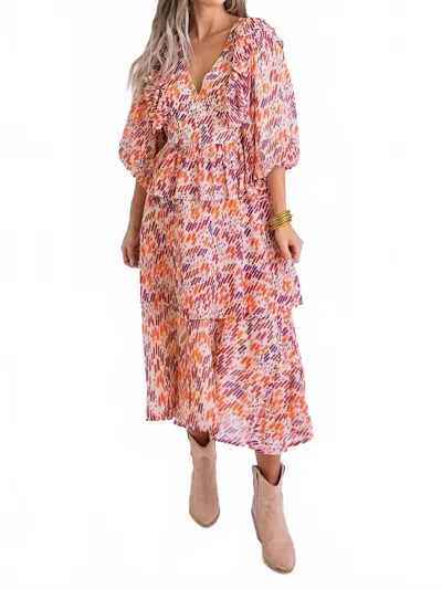 Karlie Abstract Ruffle Midi Dress In Orange In Pink