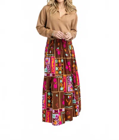 Karlie Abstract Smocked Maxi Skirt In Brown