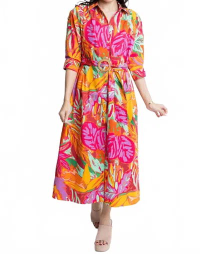 KARLIE ABSTRACT TROPICAL PALM SHIRT MIDI DRESS IN MULTI