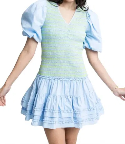 Karlie Solid Poplin V-neck Smock Contrast Stitch Dress In Blue In Multi