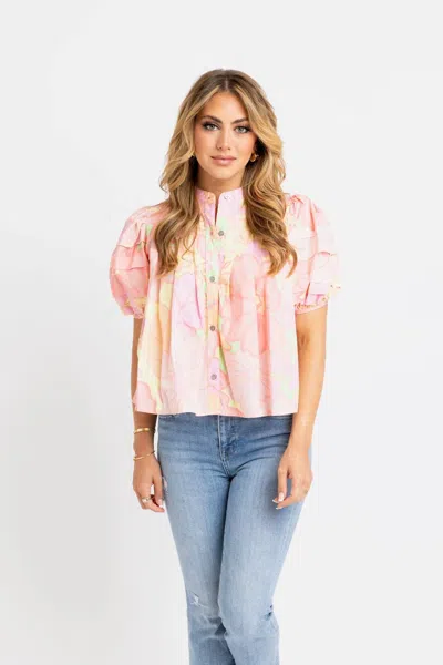 Karlie Big Floral Pastel Pleat Sleeve Top In Lime In Pink