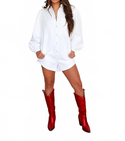 Karlie Button Front Long Sleeve Denim Romper In Ivory In White