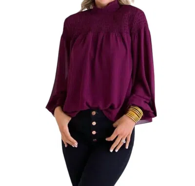 Karlie Chiffon Smock Neck Top In Burgundy In Purple