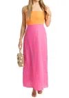 Karlie Colorblock Linen Bustier Maxi Dress In Pink/orange In Multi